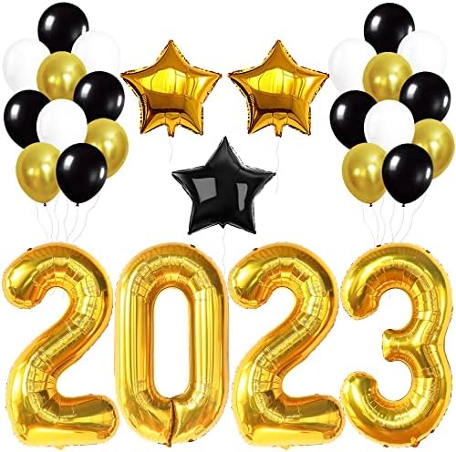 קישוטים לשנה טובה 2023 - חבילה של 61 | אבזרי תא הצילום של ערב השנה החדשה 2023 | Xtralarge שנה טובה באנר חצר | מספרי בלונים שחור וזהב 2023